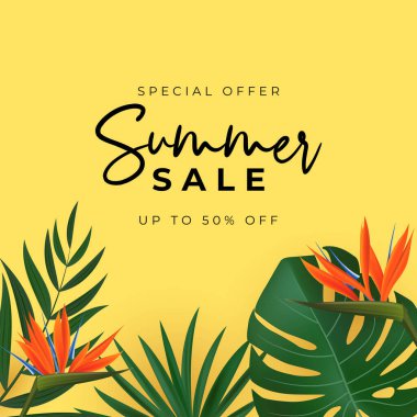 Yaz satışı posteri. Tropikal Palm Leaves ile Doğal Arka plan. Vektör İllüstrasyonu