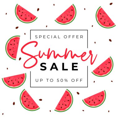Yaz satışı posteri. Karpuzlu Doğal Arkaplan. Vektör İllüstrasyonu
