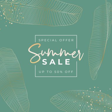 Yaz satışı posteri. Tropikal Palm Leaves ile Doğal Arka plan. Vektör İllüstrasyonu