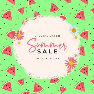 Karpuz desenli yaz indirimi arka planı. Vektör İllüstrasyonu