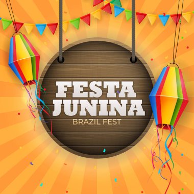 Parti Bayraklı Festa Junina Geçmişi, Fener. Brezilya Haziran Festivali Kutlama Kartı, Tatil Davetiyesi. Vektör İllüstrasyonu