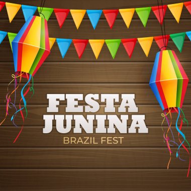 Parti Bayraklı Festa Junina Geçmişi, Fener. Brezilya Haziran Festivali Kutlama Kartı, Tatil Davetiyesi. Vektör İllüstrasyonu