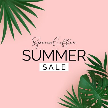 Tropikal Palm ve Monstera Leaves ile Yaz Satışı Doğal Arkaplanı. Vektör Illustration EPS10