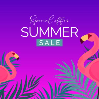 Palmiye yaprakları ve flamingolu soyut yaz arkaplanı. Vektör İllüstrasyonu