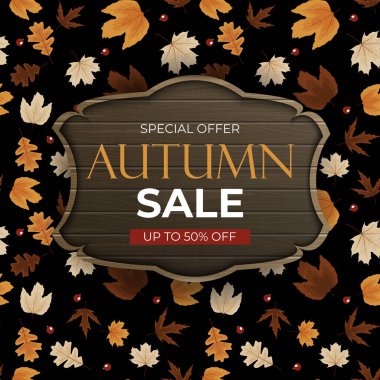 Sonbahar satış arkaplanı ve dökülen yapraklar. Sosyal ağda hikaye iletisi olarak kullanılabilir. Vektör Illustration EPS10