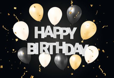 Konfeti, Balonlar ve Parıltılı Parti Tatil Arkaplanı Kurdelesi 'nin afiş tasarımını kutlarım. Vektör Illustration EPS10