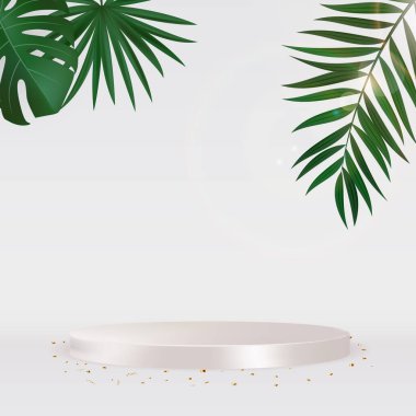 Altın konfeti ve palmiyeli beyaz podyum. Vektör Illustration EPS10