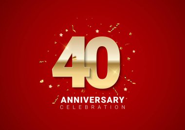Altın numaralar, konfeti, parlak kırmızı tatil geçmişinde yıldızlar olan 40. yıl dönümü. Vektör Illustration EPS10
