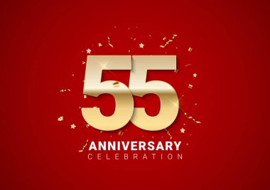55 'inci yıl dönümü geçmişi altın sayılar, konfeti, parlak kırmızı tatil geçmişinde yıldızlar. Vektör Illustration EPS10