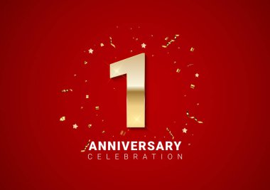 Altın numaralar, konfeti, parlak kırmızı tatil geçmişinde yıldızlar. Vektör Illustration EPS10