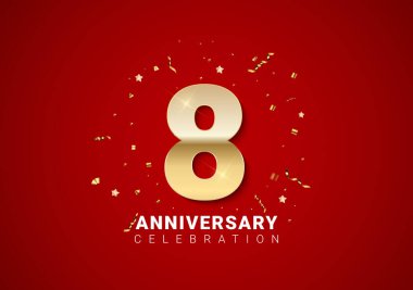 Altıncı yıl dönümü arkaplanı, konfeti, parlak kırmızı tatil arka planında yıldızlar. Vektör Illustration EPS10