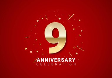 Altın numaralar, konfeti, parlak kırmızı tatil geçmişinde yıldızlar olan 9. yıl dönümü. Vektör Illustration EPS10