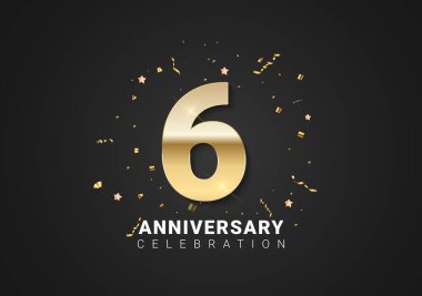Altıncı yıl dönümü geçmişi, altın sayılar, konfeti, parlak siyah arka planda yıldızlar. Vektör İllüstrasyonu