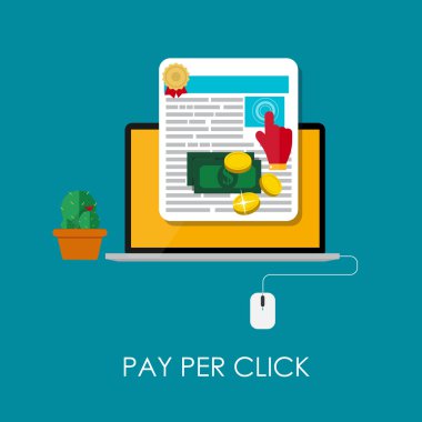 Tıklama düz kavramı Web Pazarlama için ödemek. Vektör Illustratio