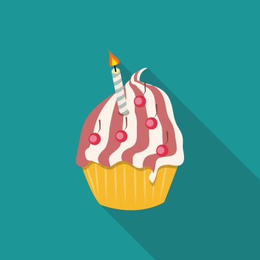 Doğum günü pastası düz simgesi uzun gölge, vektör çizim ile