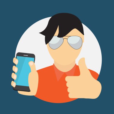 Bir cep telefonu tutan adam. İletişim kavramı. Vektör