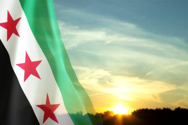 Gün batımına karşı Suriye bayrağı. Ulusal Tatil Konsepti
