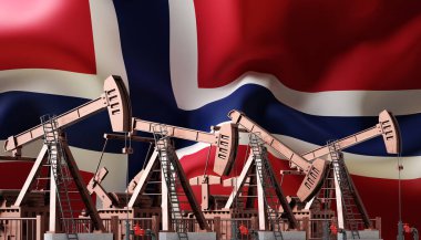 Petrol pompası Norveç bayrağıyla çalışıyor. Petrol endüstrisi konsepti. 3d oluşturma