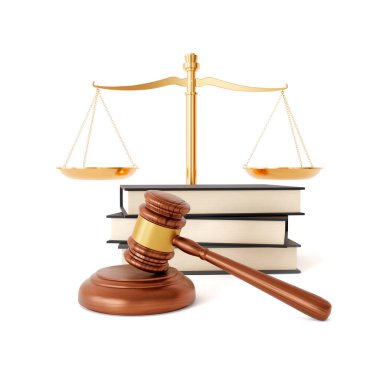 Yargıçlar beyaz arka planda izole edilmiş kitaplarla adalet terazisi ve tokmağı. 3d oluşturma