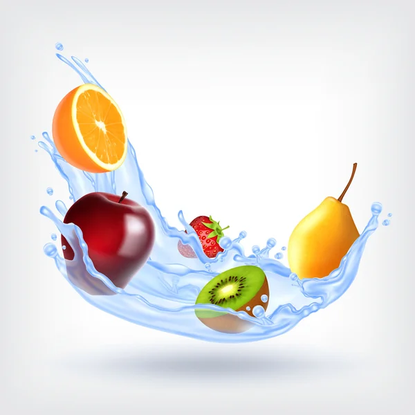 Frutas en agua salpicada — Vector de stock