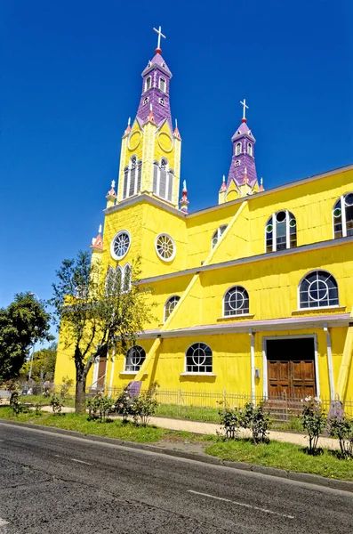 Exteriér Fasády Slavné Dřevěné Katolické Castro San Francisco Katedrály Iglesia — Stock fotografie