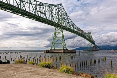 Astoria-Megler Köprüsü, Columbia Nehri ve odun direkleri, Astoria, Oregon, ABD