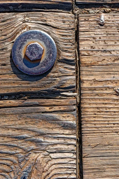 Old Rusty Timber Bolt Wooden Floor What Used Pier — Stock Photo, Image