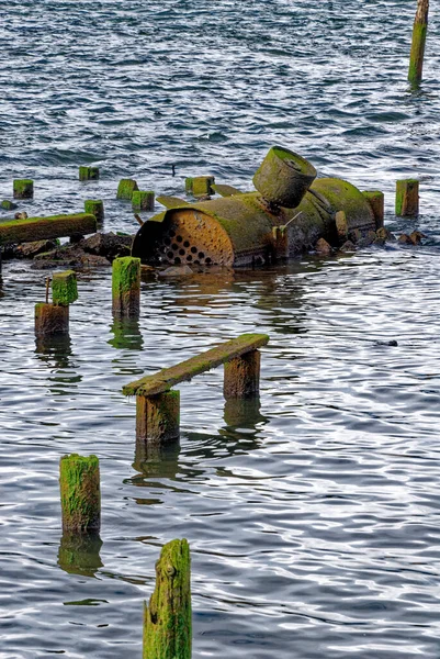 Vue Sur Les Ruines Une Ancienne Jetée Dans Fleuve Columbia — Photo