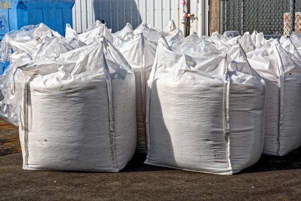 Bags Road Salt White Salt Sacks Rows Stacked Prevent Ice — Stock Photo, Image