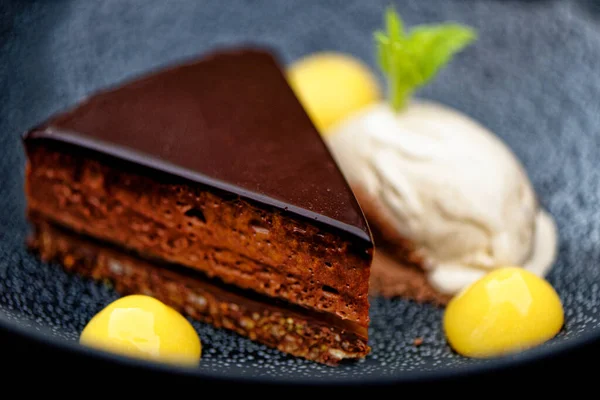 Close Appetizing Dark Chocolate Tart Orange Gel Artichoke Ice Cream — Stock Photo, Image