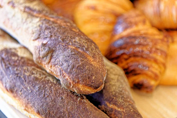 Surtido Repostería Croissants Pains Chocolat Baguettes Francesas Panadería Francesa —  Fotos de Stock