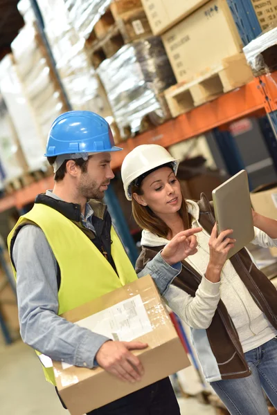 Gerente con almacenista comprobando los niveles de stock — Foto de Stock