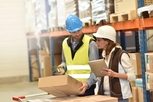 Manager with warehouseman checking stock levels — Stock Photo, Image