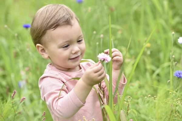Menina jogando no campo de flores selvagens — Fotografia de Stock