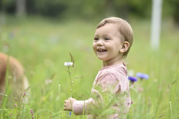 Menina jogando no campo de flores selvagens — Fotografia de Stock