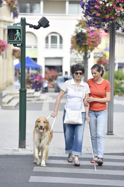 Blind woman crossing the street — Stock Photo, Image