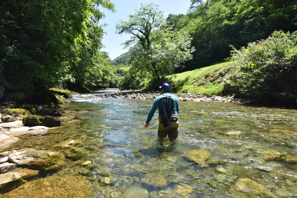 Pesca del pescatore di mosca nel fiume — Foto Stock