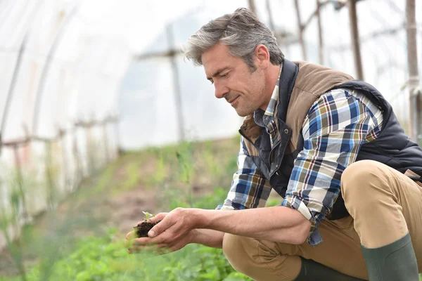 Agricoltore che utilizza terriccio — Foto Stock