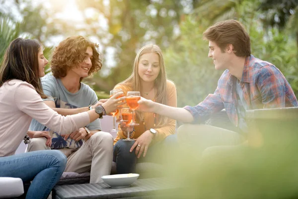 Ομάδα Φίλων Που Πίνουν Ένα Ποτό Μαζί Γιορτάζοντας Τέλος Της — Φωτογραφία Αρχείου