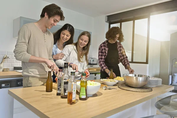 Huisgenoten Genieten Samen Koken Thuis Stockfoto