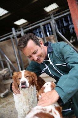 Breeder petting dogs outside barn clipart