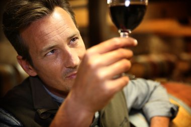 winegrower tutan bir bardak şarap