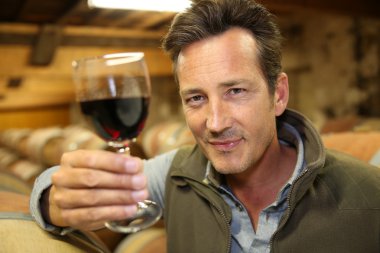 winegrower tutan bir bardak şarap