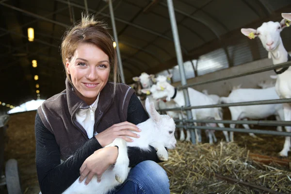 Farmer woman carrying baby goat Royalty Free Stock Photos