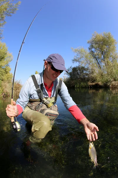 Visser vangen fario forel in rivier — Stockfoto