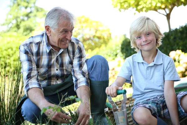 Grandpa with grandson gardening together — Stock Photo, Image