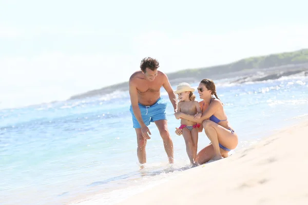 Семья играет на песчаном пляже — стоковое фото