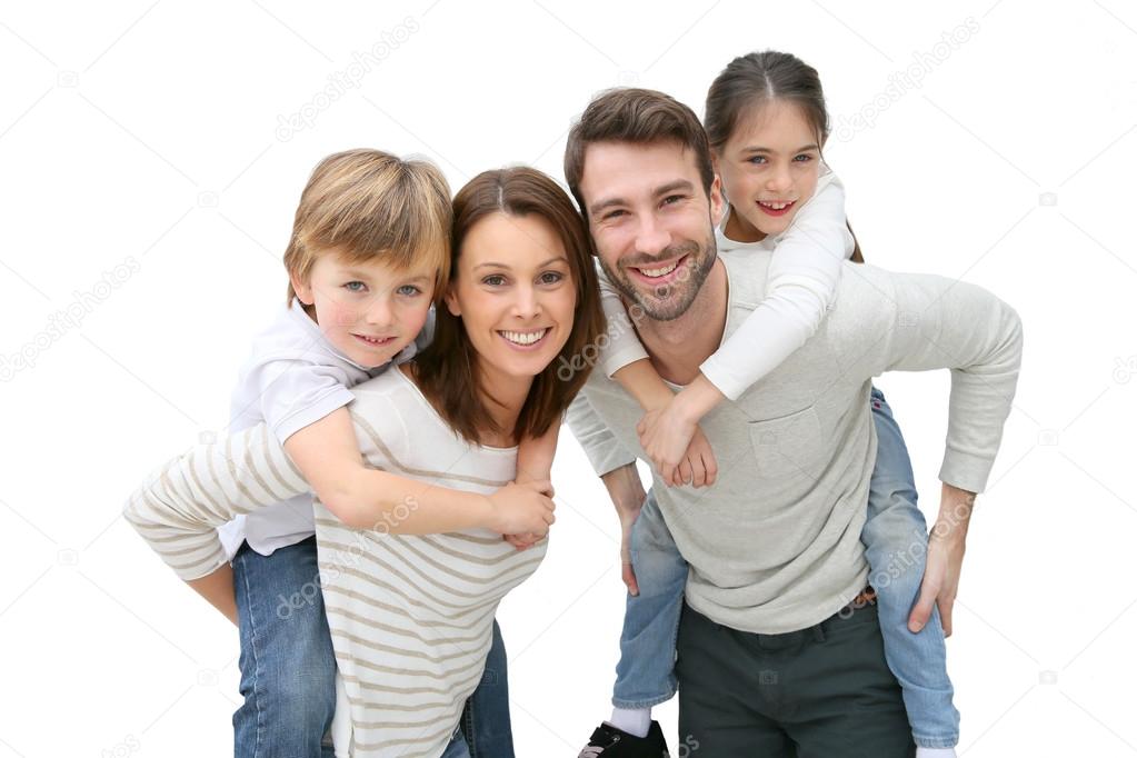 Parents giving piggy ride to kids