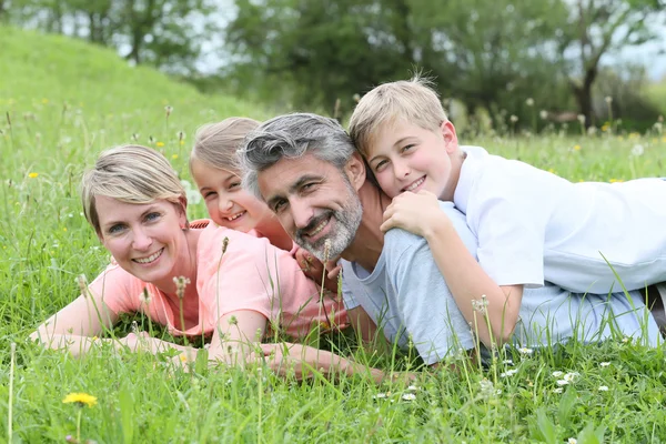 Familie vaststelling van op gras — Stockfoto