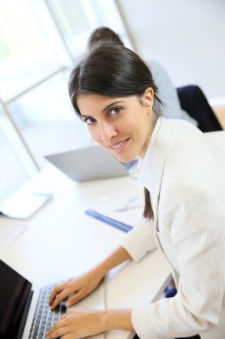 İş kadını Laptop 'ta çalışıyor